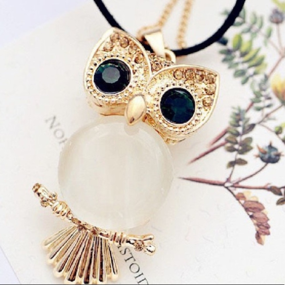 Double Full Diamond Opal Green Eye Owl Necklace Decorative Accessory